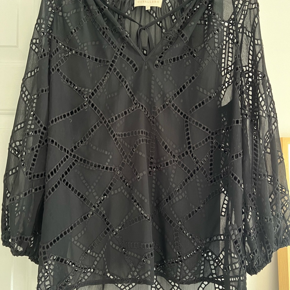 ANTHROPOLOGIE BLACK EMBROIDERED TOP BLOUSE SIZE L CABALLERO